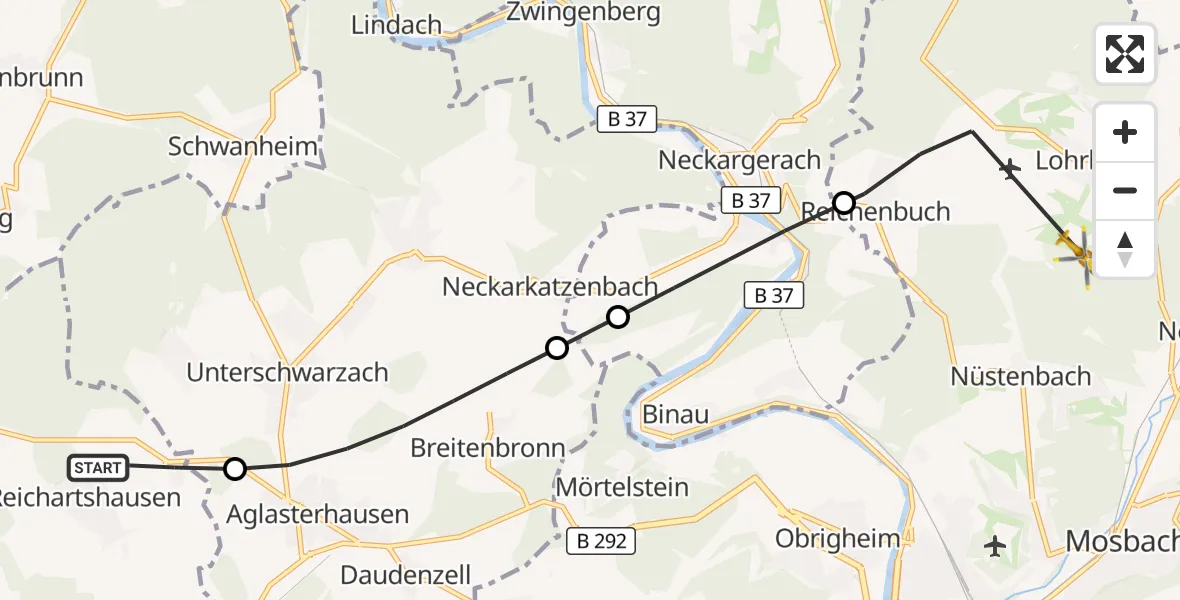 Flugroute Rettungshubschrauber Reichartshausen - Mosbach, 18 Oktober 2026, 15:35
