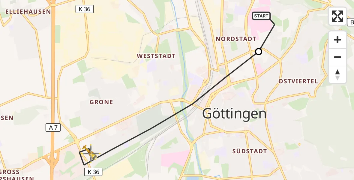 Flugroute Rettungshubschrauber Göttingen University Clinic Hubschrauberlandeplatz - Göttingen, 18 Oktober 2026, 15:37