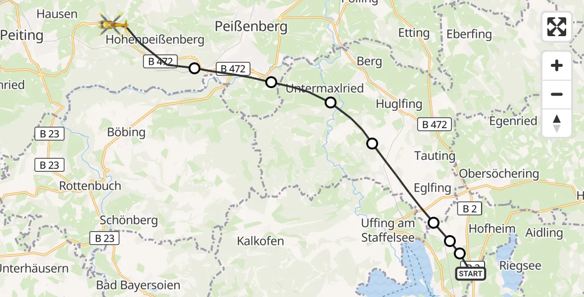 Flugroute Rettungshubschrauber Murnau a.Staffelsee - Peiting, 18 Oktober 2026, 15:39