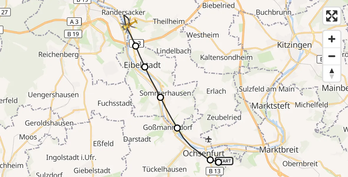 Flugroute Rettungshubschrauber Ochsenfurt Hospital - Randersacker, 18 Oktober 2026, 15:41