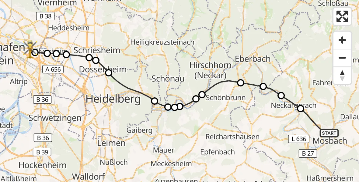 Flugroute Rettungshubschrauber Mosbach - Mannheim-City Flughafen, 18 Oktober 2026, 15:53