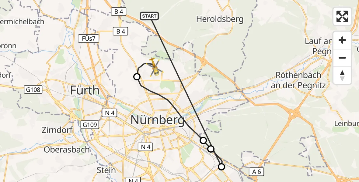 Flugroute Rettungshubschrauber Neunhofer Forst - Flughafen Nuremberg, 18 Oktober 2026, 15:59