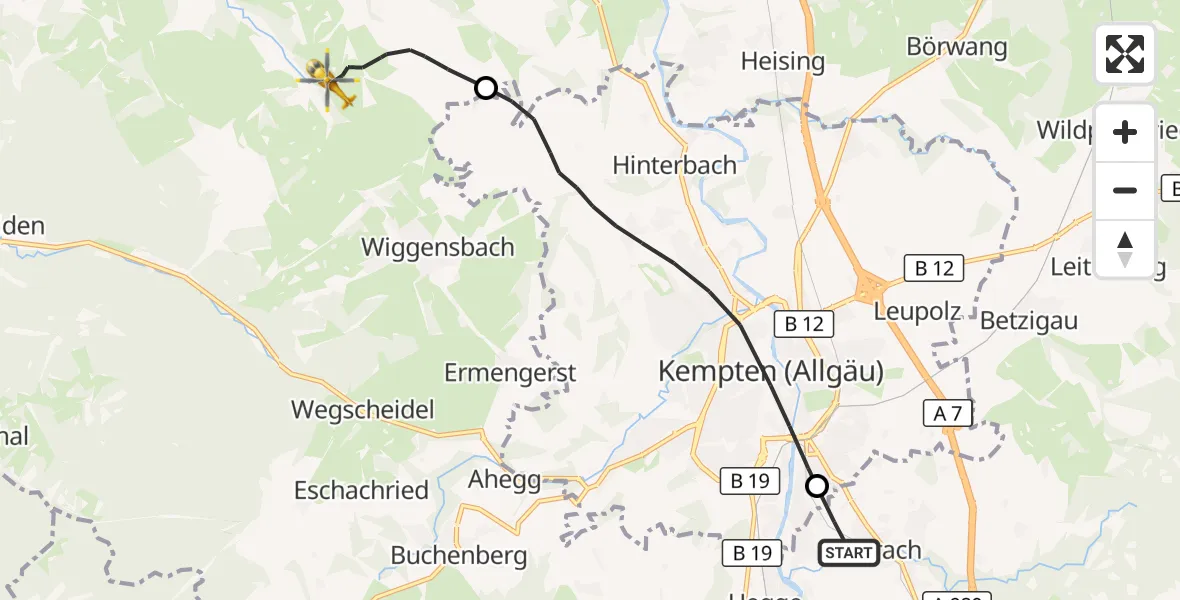Flugroute Rettungshubschrauber Durach - Altusried, 18 Oktober 2026, 16:06