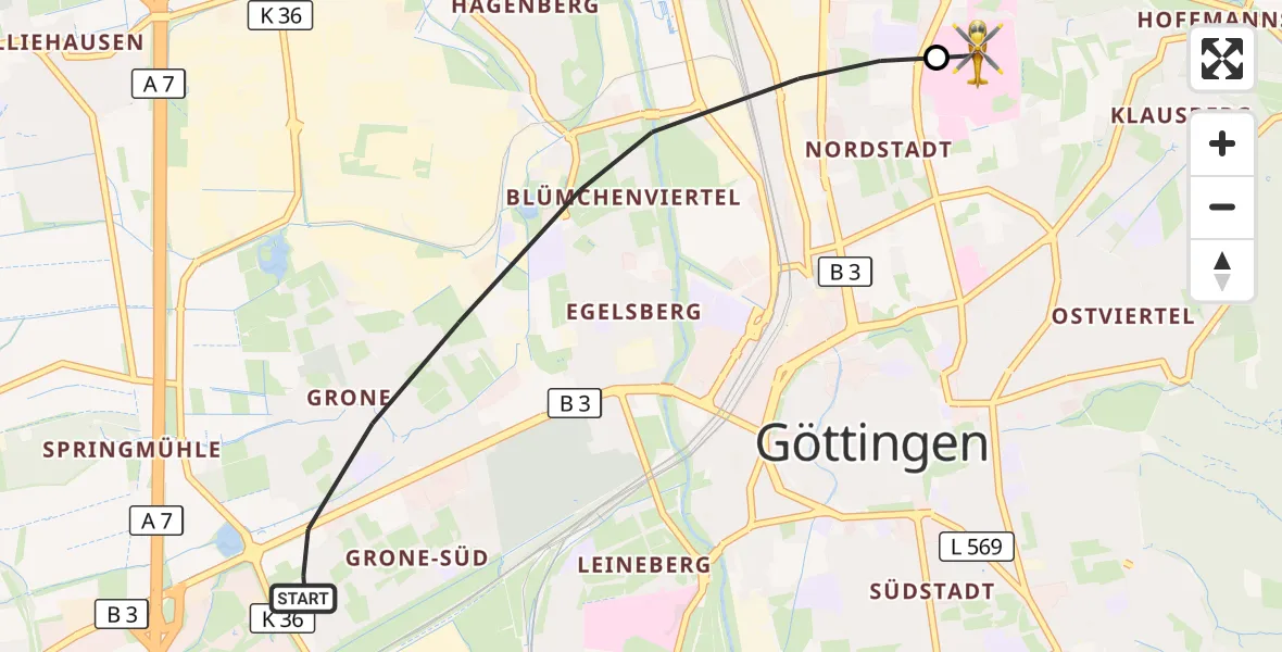 Flugroute Rettungshubschrauber Göttingen - Göttingen University Clinic Hubschrauberlandeplatz, 18 Oktober 2026, 16:32