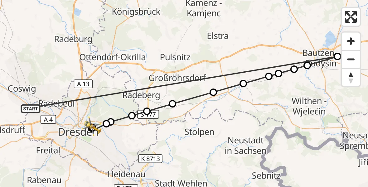 Flugroute Rettungshubschrauber Dresden - Dresden University Hospital, 18 Oktober 2026, 17:02