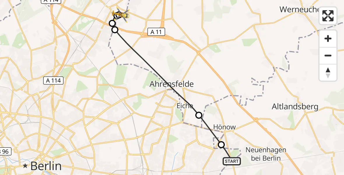 Flugroute Rettungshubschrauber Berlin - Helios Clinic Berlin-Buch, 18 Oktober 2026, 19:04