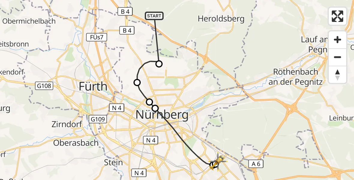 Flugroute Rettungshubschrauber Neunhofer Forst - Nürnberg South Hospital, 18 Oktober 2026, 19:49