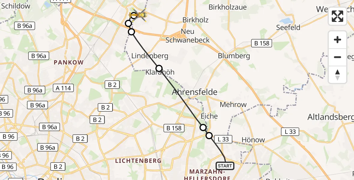 Flugroute Rettungshubschrauber Berlin - Helios Clinic Berlin-Buch, 18 Oktober 2026, 19:53