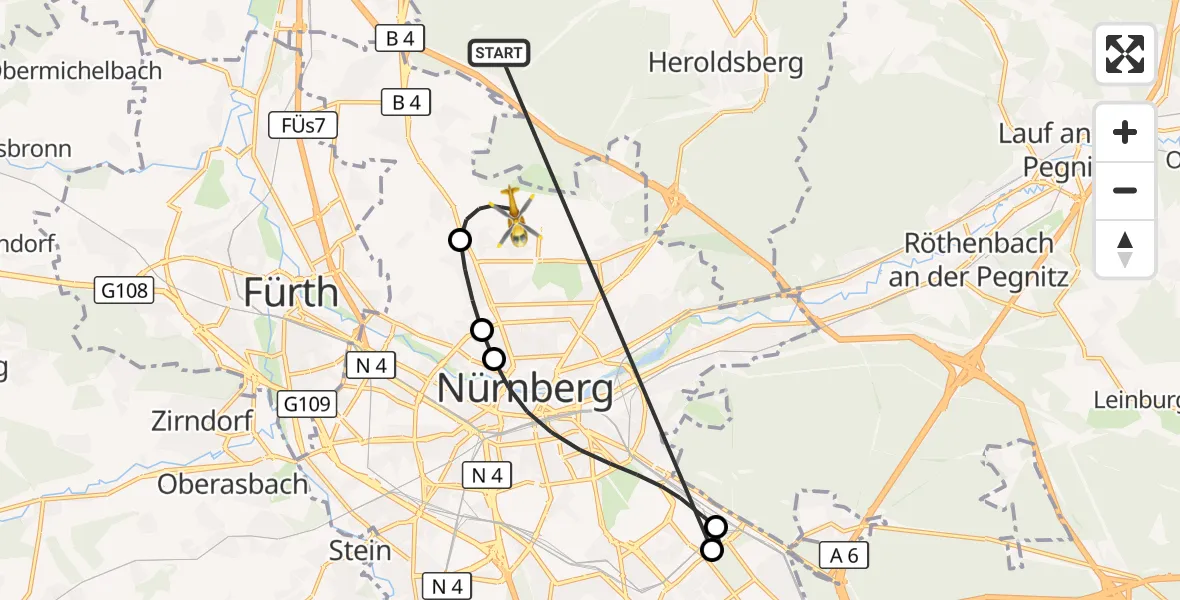 Flugroute Rettungshubschrauber Neunhofer Forst - Flughafen Nuremberg, 18 Oktober 2026, 20:39