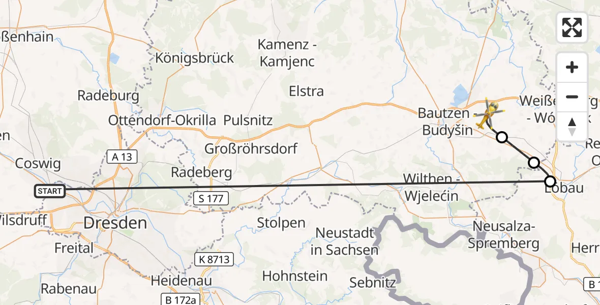 Flugroute Rettungshubschrauber Dresden - Kubschütz, 18 Oktober 2026, 20:40