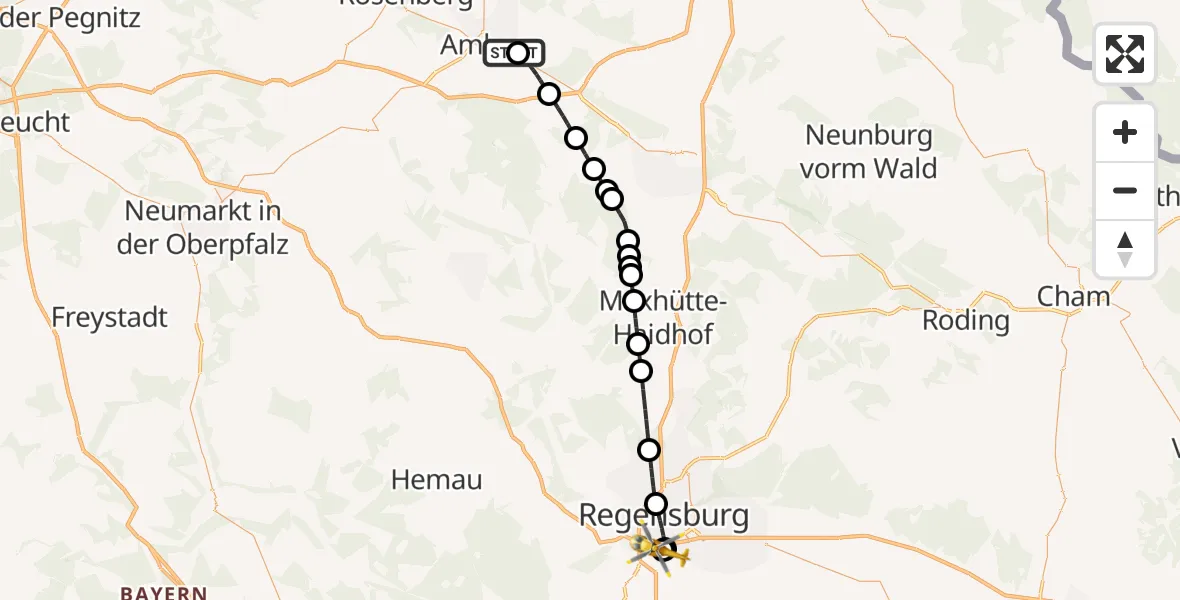 Flugroute Rettungshubschrauber Amberg - DRF Air Rescue Station Regensburg / Regensburg University Hospital, 18 Oktober 2026, 22:38
