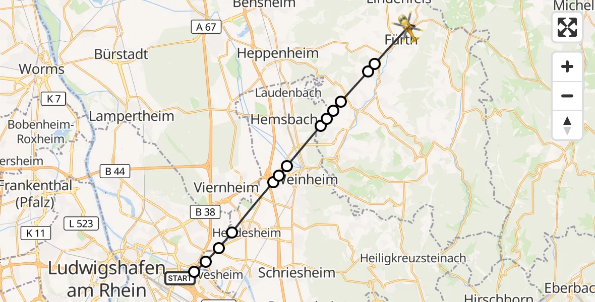 Flugroute Rettungshubschrauber Mannheim-City Flughafen - Fürth, 19 Oktober 2026, 05:55