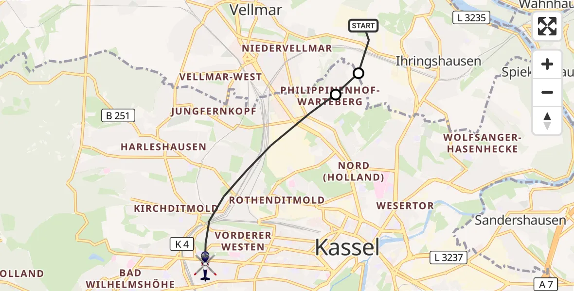 Flugroute Polizeihubschrauber Fuldatal Bundespolizei Hubschrauberlandeplatz - Kassel, 19 Oktober 2026, 06:06