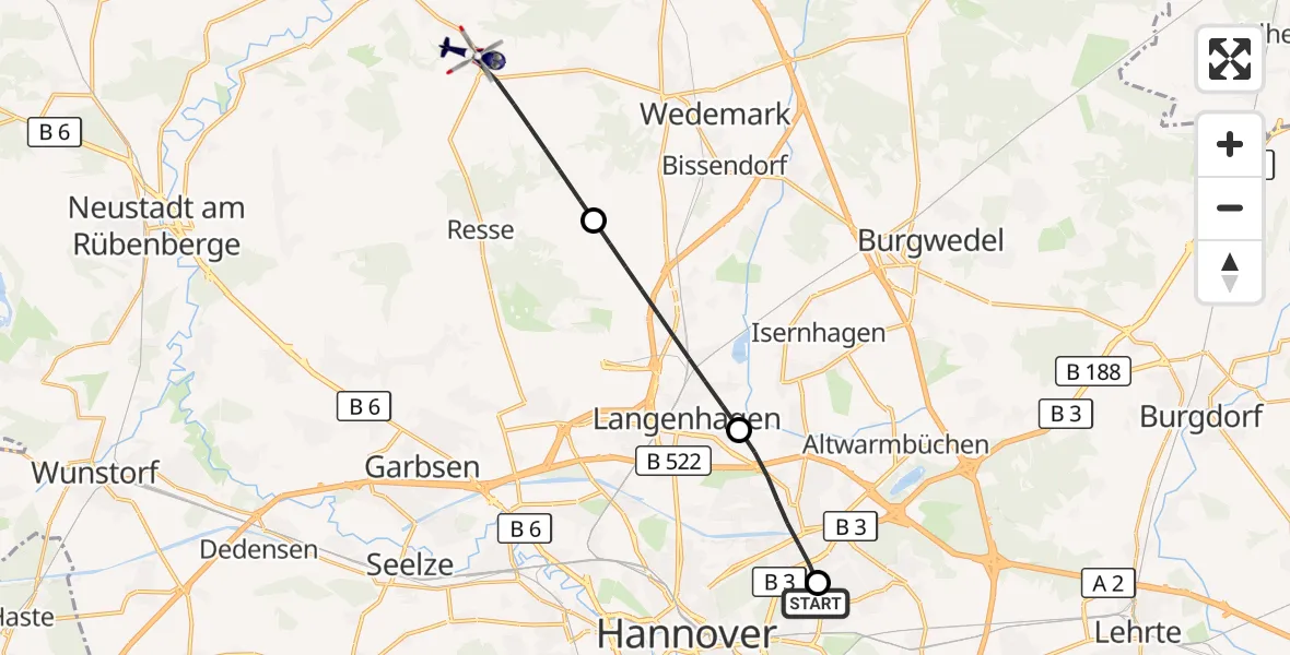 Flugroute Polizeihubschrauber Hannover Luftrettung Hubschrauberlandeplatz (Christoph 4) - Wedemark, 19 Oktober 2026, 06:08