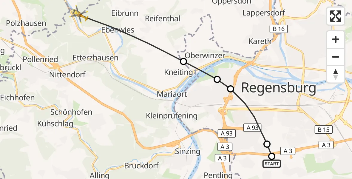 Flugroute Rettungshubschrauber DRF Air Rescue Station Regensburg / Regensburg University Hospital - Pettendorf, 19 Oktober 2026, 06:11