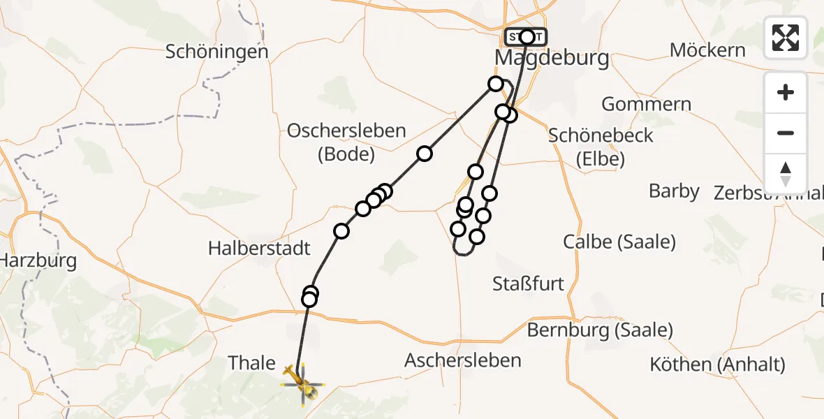 Flugroute Rettungshubschrauber Magdeburg Hospital - Quedlinburg, 19 Oktober 2026, 06:16