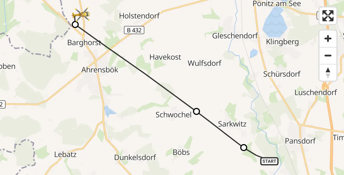 Flugroute Rettungshubschrauber Ratekau - Christoph 12 Luftrettungszentrum, 19 Oktober 2026, 06:25