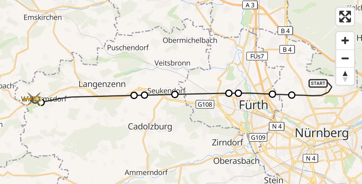 Flugroute Ambulanzhubschrauber Flughafen Nuremberg - Wilhermsdorf, 19 Oktober 2026, 06:39