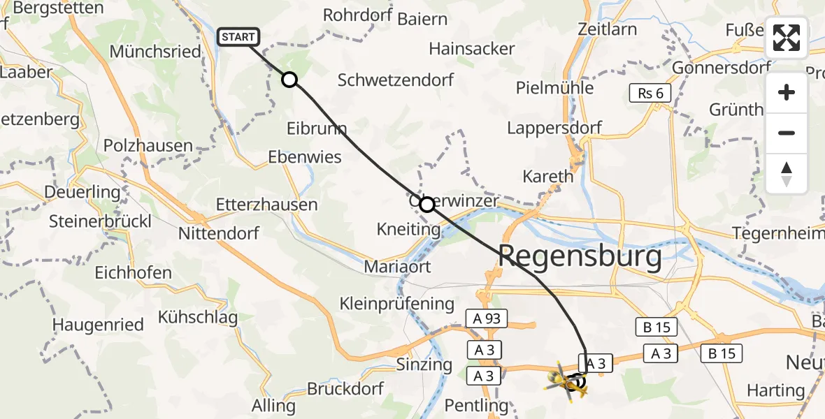 Flugroute Rettungshubschrauber Pielenhofen - DRF Air Rescue Station Regensburg / Regensburg University Hospital, 19 Oktober 2026, 06:43