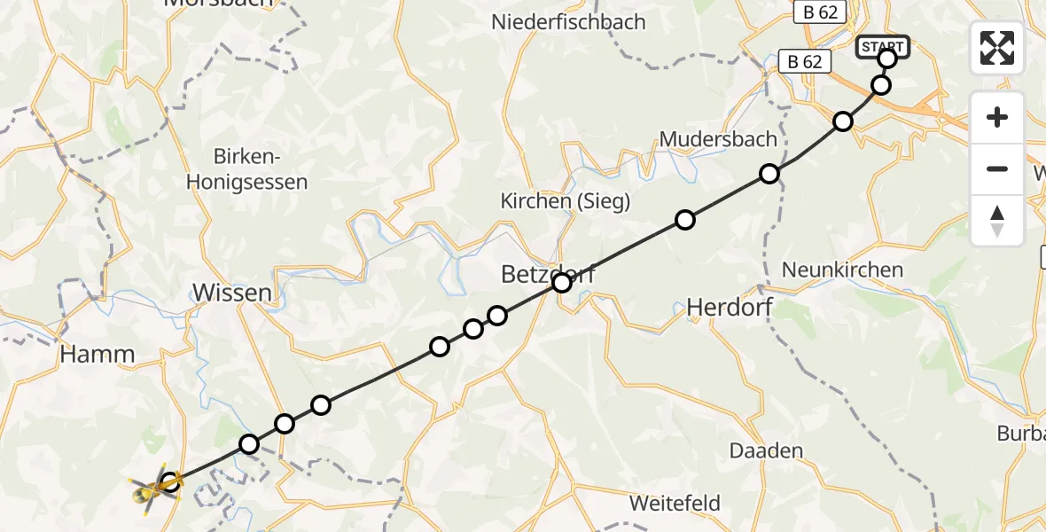 Flugroute Rettungshubschrauber Evangelisches Jung-Stilling Hospital - Isert, 19 Oktober 2026, 06:44