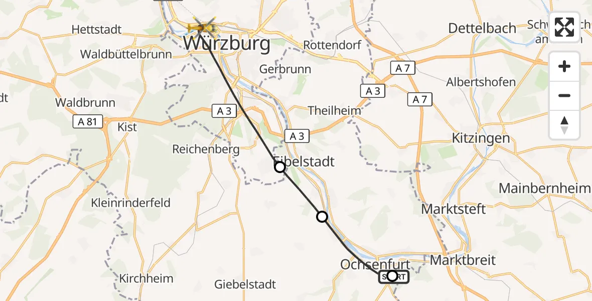 Flugroute Rettungshubschrauber Ochsenfurt Hospital - Würzburg, 19 Oktober 2026, 06:50