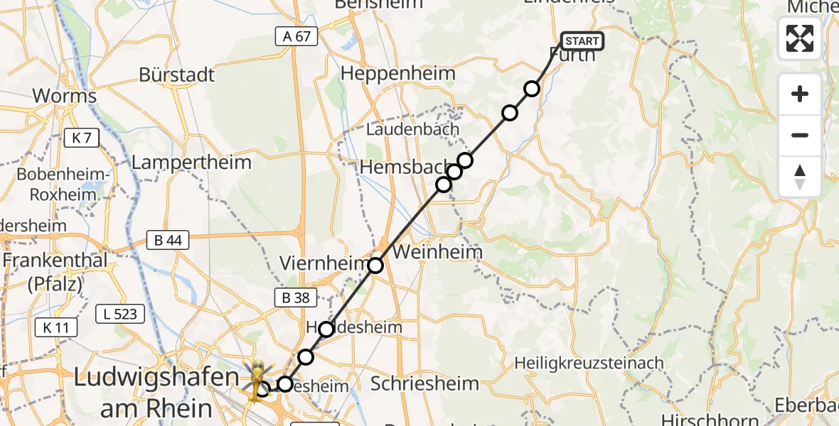 Flugroute Rettungshubschrauber Fürth - Mannheim-City Flughafen, 19 Oktober 2026, 06:52