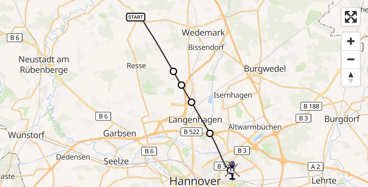 Flugroute Polizeihubschrauber Wedemark - Hannover Luftrettung Hubschrauberlandeplatz (Christoph 4), 19 Oktober 2026, 06:53