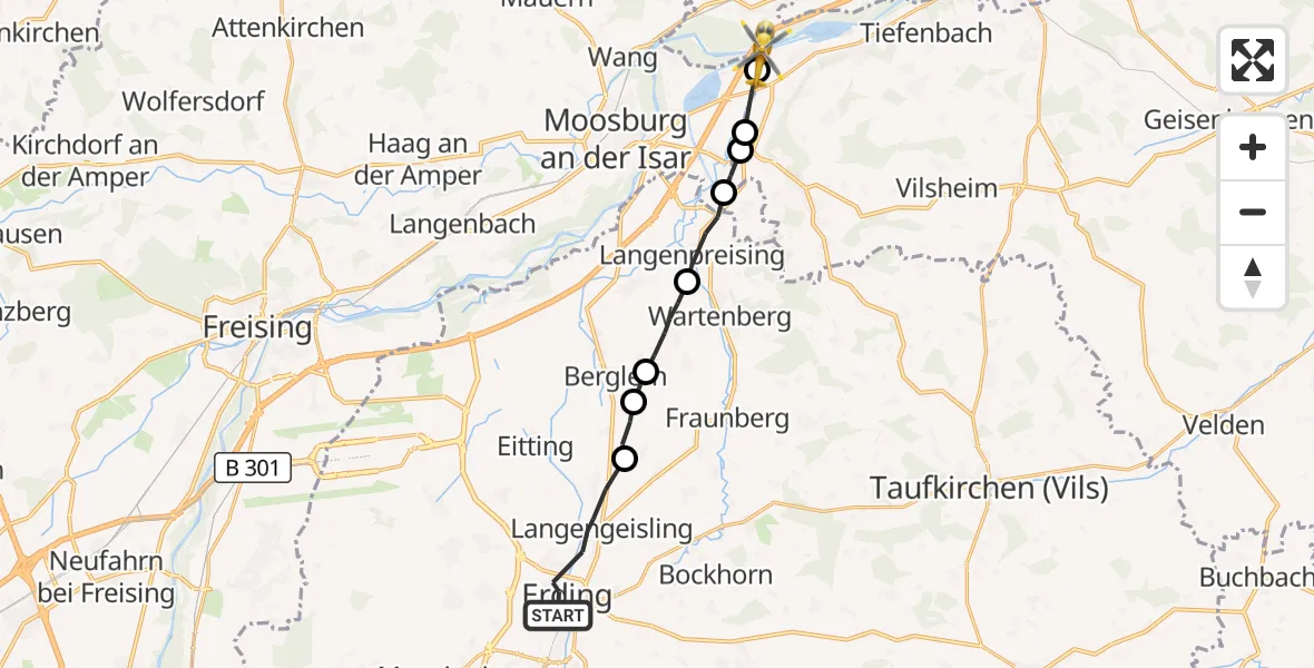 Flugroute Rettungshubschrauber Erding - Eching, 19 Oktober 2026, 07:02
