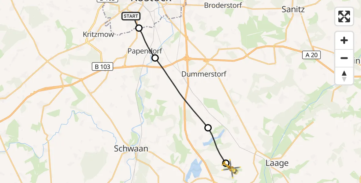 Flugroute Rettungshubschrauber Rostock - Flughafen Rostock-Laage, 19 Oktober 2026, 07:04