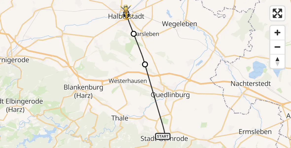 Flugroute Rettungshubschrauber Quedlinburg - AMEOS Hospital Sankt Salvator Halberstadt, 19 Oktober 2026, 07:10