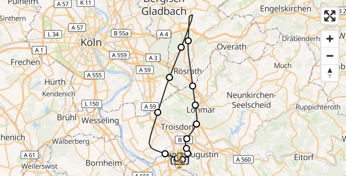 Flugroute Rettungshubschrauber Bonn-Hangelar Flugplatz - Bonn-Hangelar Flugplatz, 19 Oktober 2026, 07:22