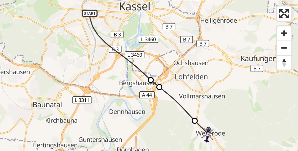 Flugroute Polizeihubschrauber Kassel - Söhrewald, 19 Oktober 2026, 07:26