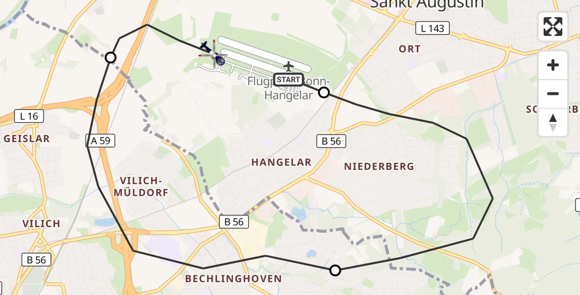 Flugroute Polizeihubschrauber Bonn-Hangelar Flugplatz - Sankt Augustin, 19 Oktober 2026, 07:30