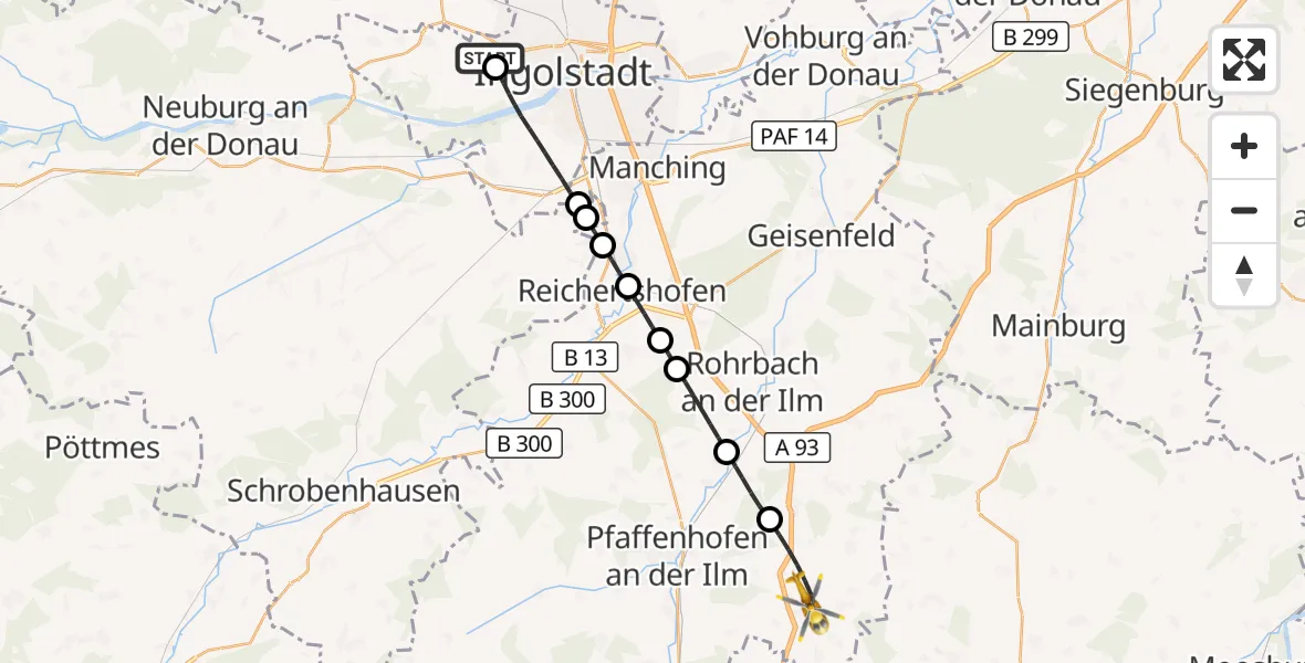 Flugroute Rettungshubschrauber Ingolstadt Hospital - Schweitenkirchen, 19 Oktober 2026, 07:33