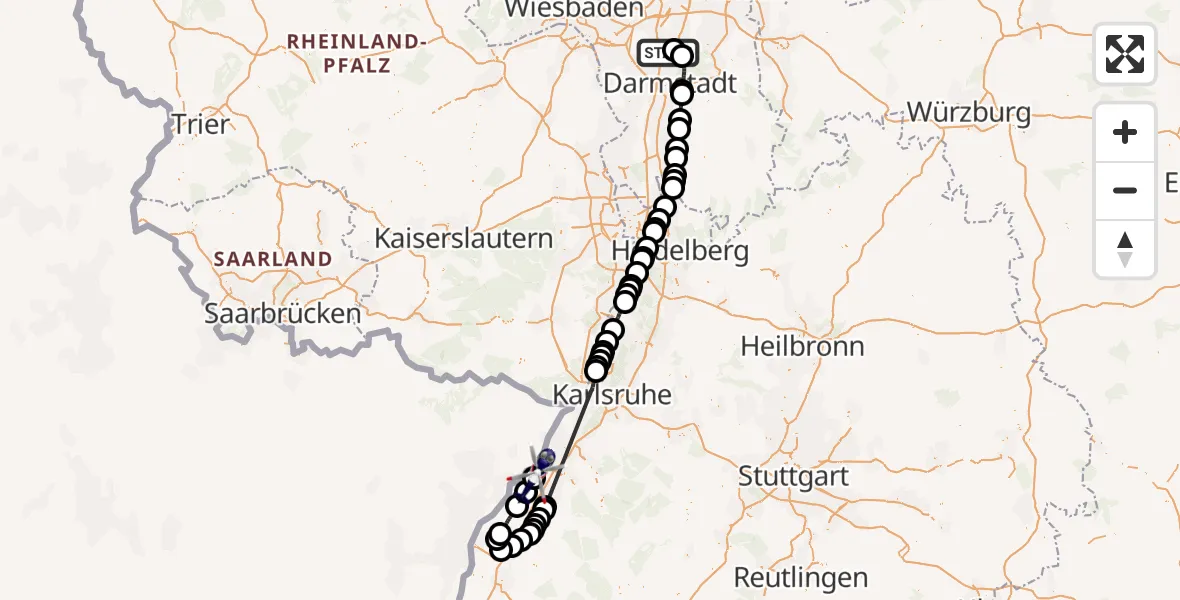 Flugroute Polizeihubschrauber Flughafen Frankfurt-Egelsbach - Karlsruhe Baden-Baden Flughafen, 19 Oktober 2026, 07:35