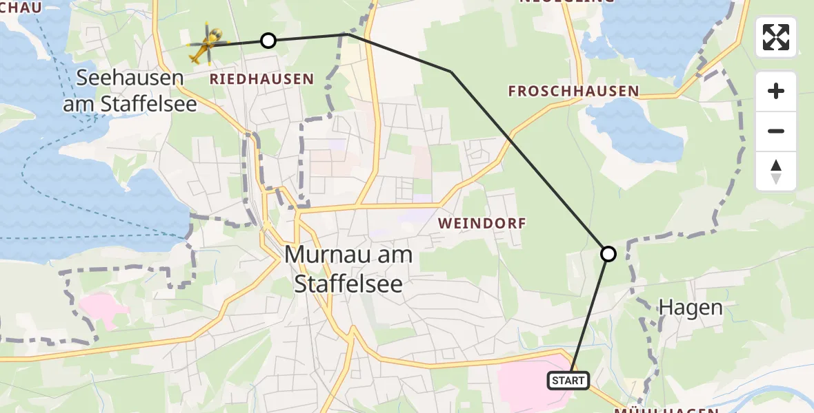 Flugroute Rettungshubschrauber Murnau Accident Hospital - Seehausen a.Staffelsee, 19 Oktober 2026, 07:37