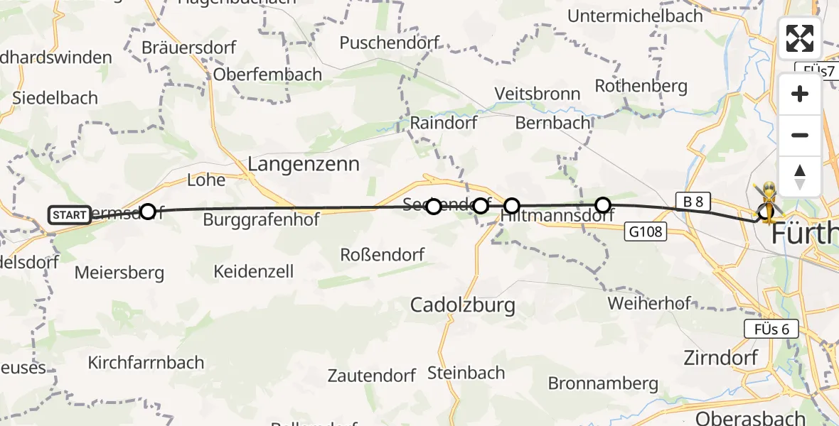 Flugroute Ambulanzhubschrauber Wilhermsdorf - Fürth Hospital, 19 Oktober 2026, 07:43