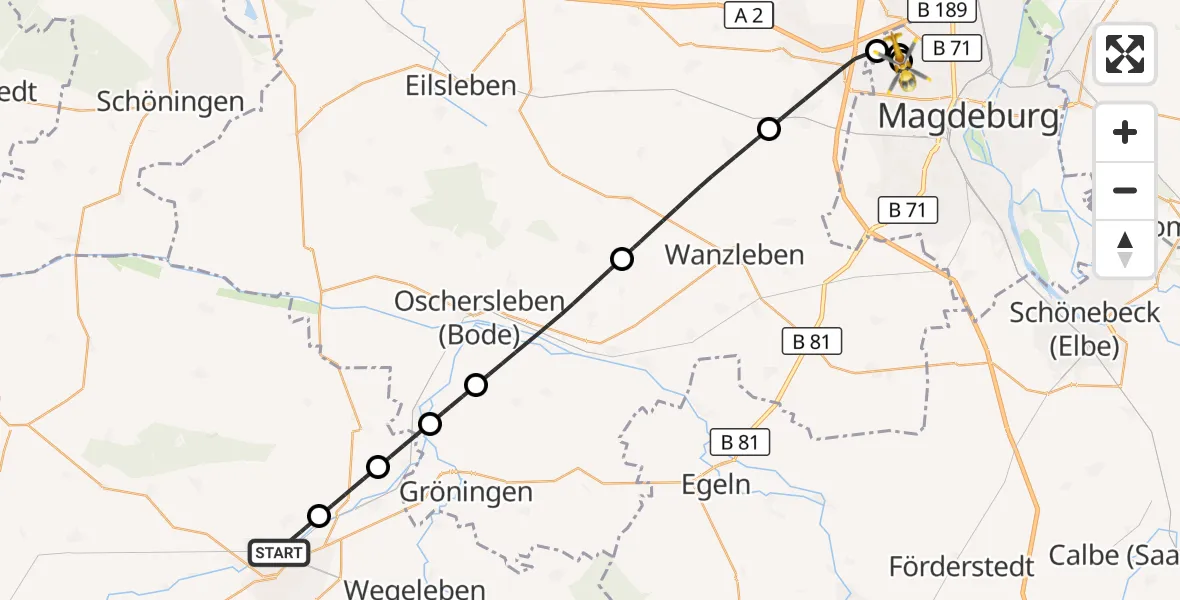 Flugroute Rettungshubschrauber Halberstadt - Magdeburg Hospital, 19 Oktober 2026, 07:46