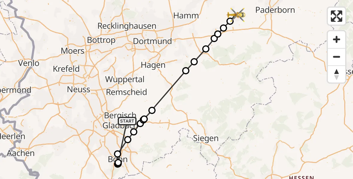 Flugroute Ambulanzhubschrauber Bergisch Gladbach - Lippstadt, 19 Oktober 2026, 07:47