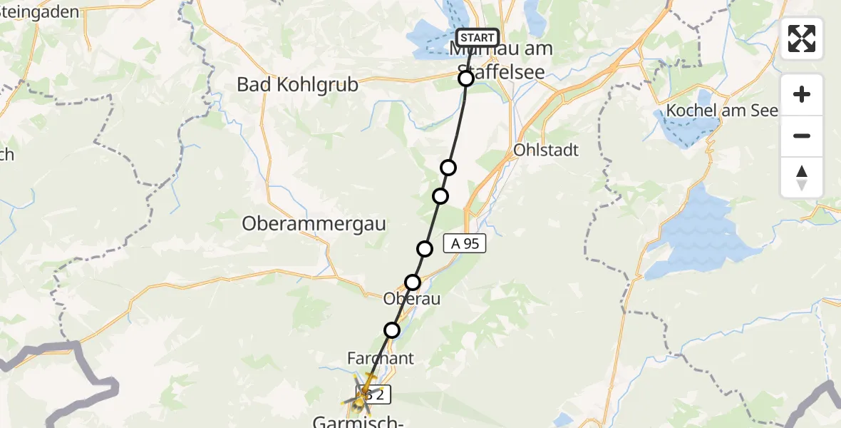 Flugroute Rettungshubschrauber Seehausen a.Staffelsee - Garmisch-Partenkirchen, 19 Oktober 2026, 07:58