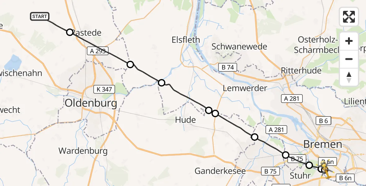 Flugroute Rettungshubschrauber Wiefelstede - ADAC Air Rescue Station Bremen Hubschrauberlandeplatz (Christoph 6), 19 Oktober 2026, 08:13