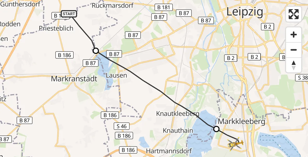 Flugroute Rettungshubschrauber Markranstädt - Markkleeberg, 19 Oktober 2026, 08:19