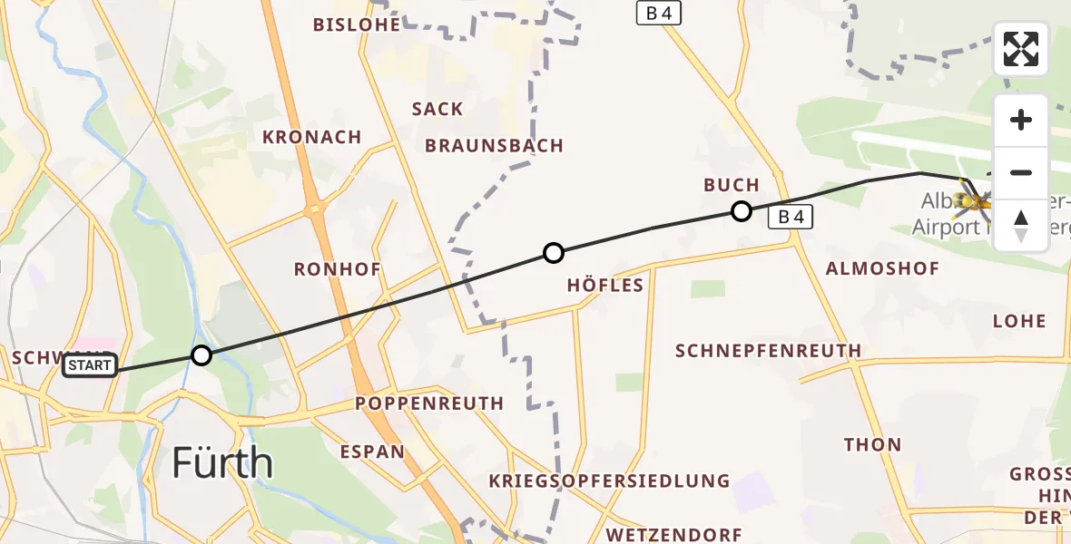 Flugroute Ambulanzhubschrauber Fürth Hospital - Flughafen Nuremberg, 19 Oktober 2026, 08:27
