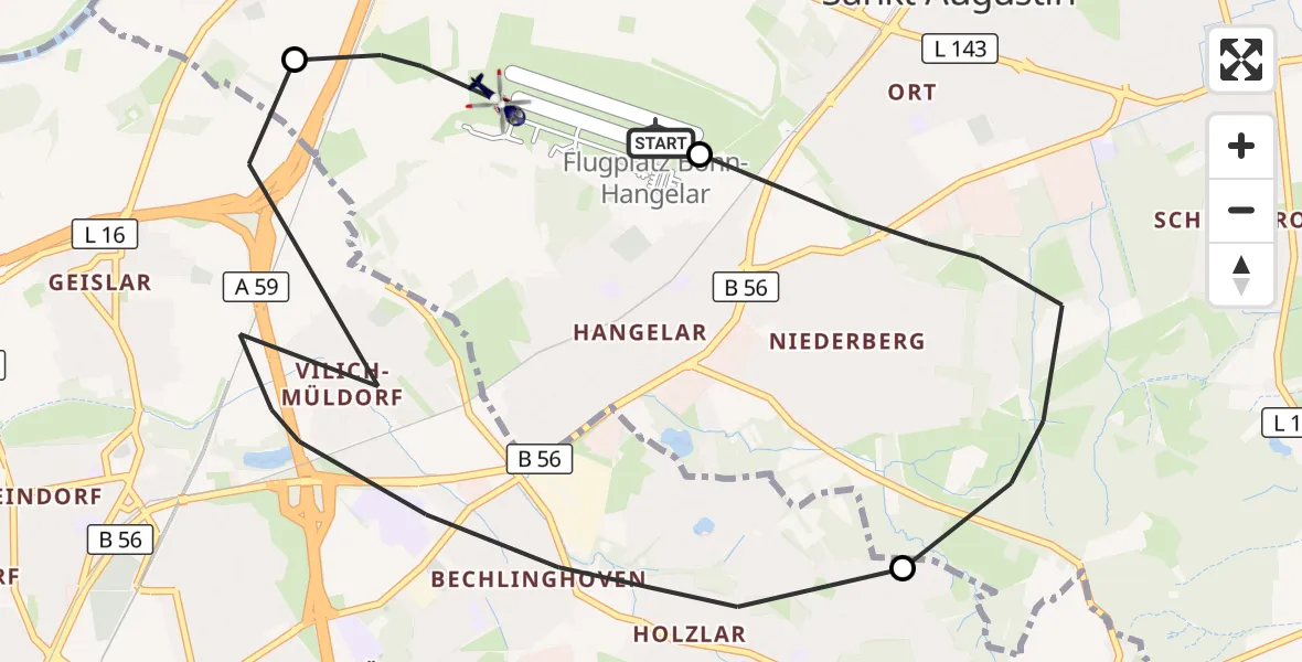 Flugroute Polizeihubschrauber Bonn-Hangelar Flugplatz - Sankt Augustin, 19 Oktober 2026, 08:37