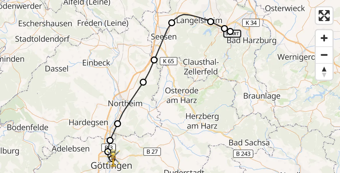 Flugroute Rettungshubschrauber Goslar - Göttingen University Clinic Hubschrauberlandeplatz, 19 Oktober 2026, 08:51