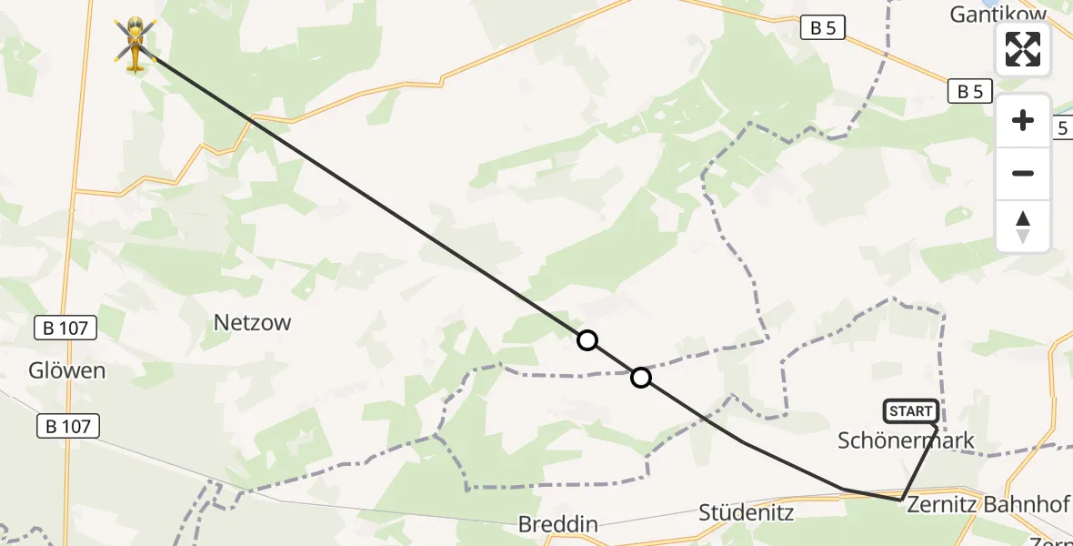 Flugroute Rettungshubschrauber Stüdenitz-Schönermark - Gumtow, 19 Oktober 2026, 08:51