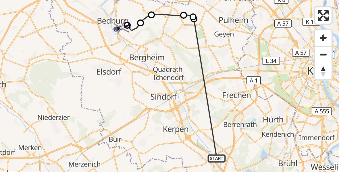 Flugroute Polizeihubschrauber Erftstadt - Bedburg, 19 Oktober 2026, 08:56