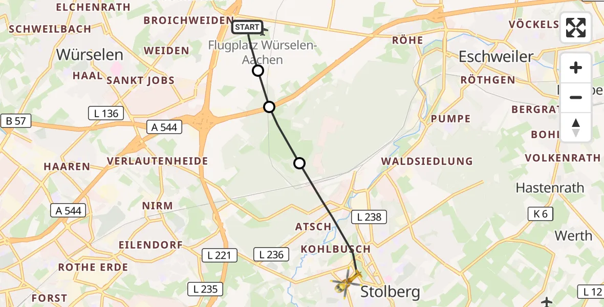 Flugroute Rettungshubschrauber Aachen-Merzbrück Flughafen - Stolberg (Rhld.), 19 Oktober 2026, 08:57