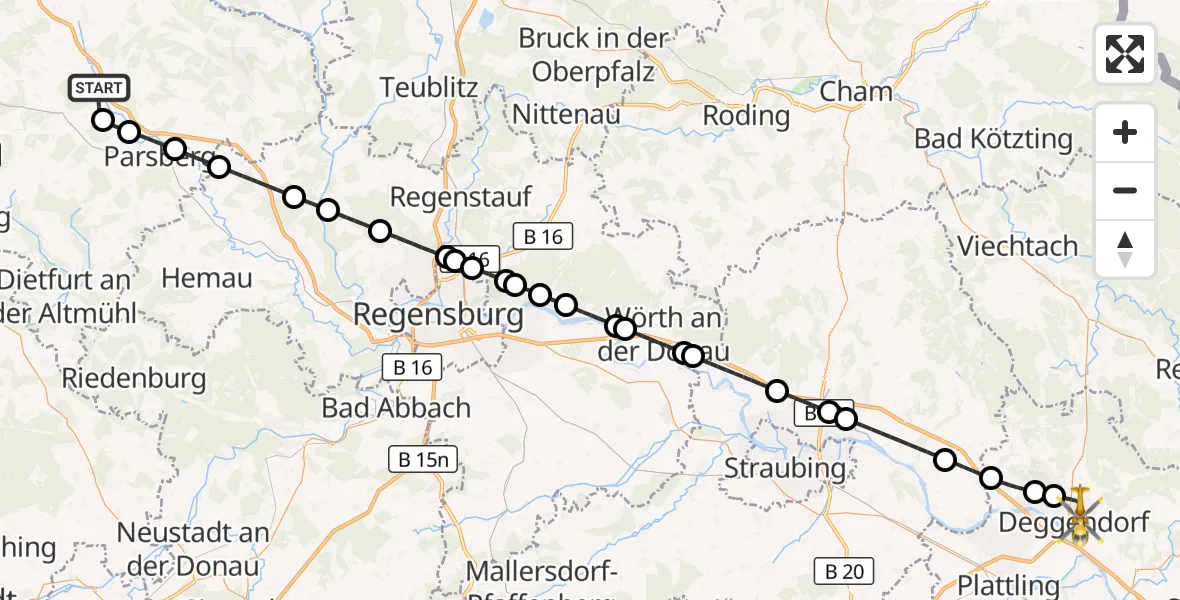 Flugroute Rettungshubschrauber Velburg - Deggendorf, 19 Oktober 2026, 09:04