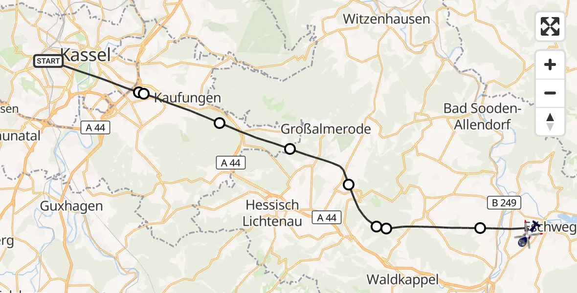 Flugroute Polizeihubschrauber Kassel - Eschwege, 19 Oktober 2026, 09:07
